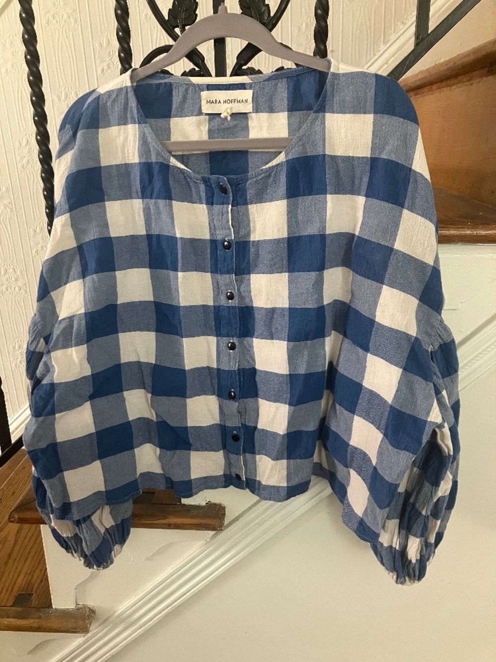 Mara Hoffman Alana top blue gingham plaid button down cardigan blouse size XL